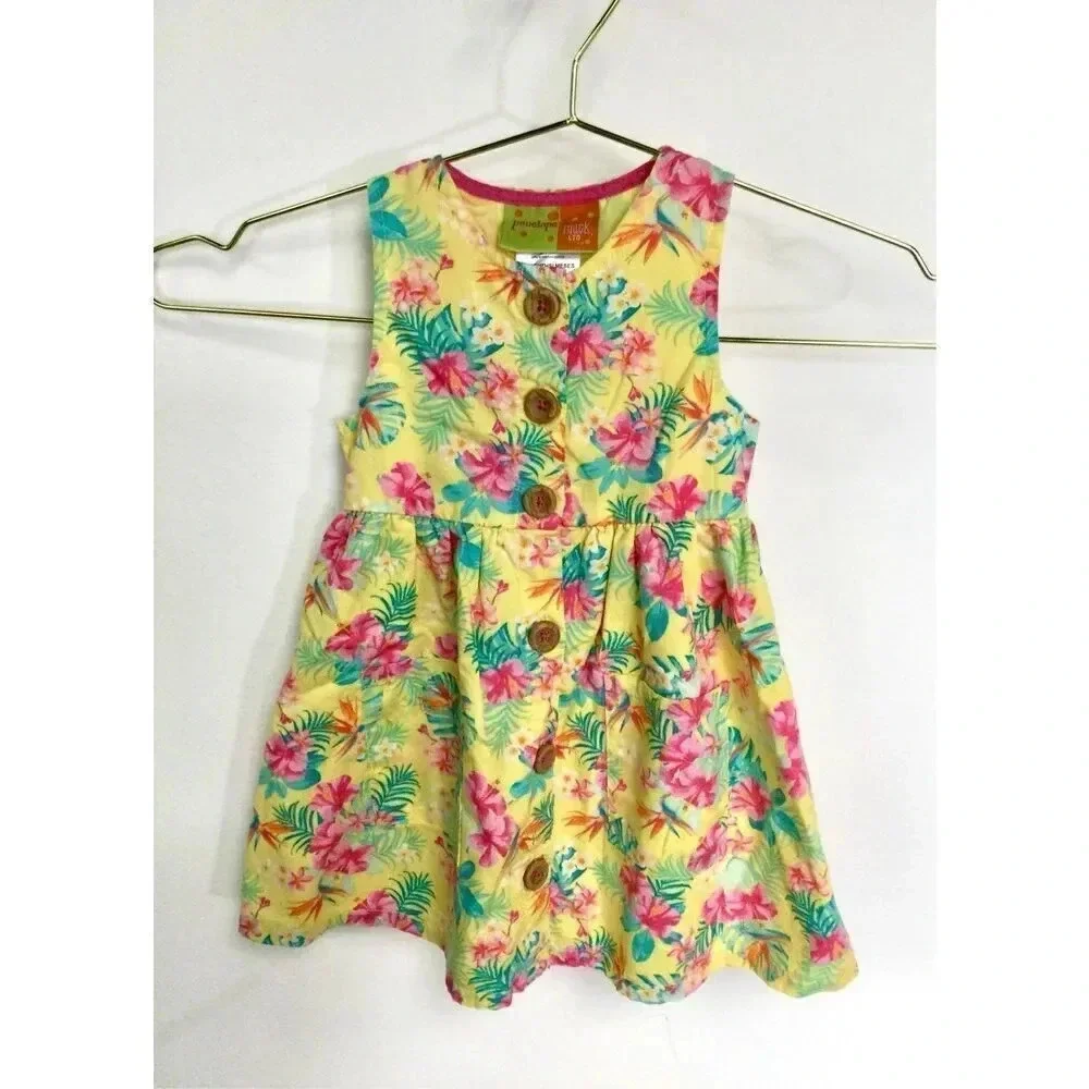 Penelope Mack Baby Yellow Pink Floral Sleeveless Hawaiian Shirt Dress Size 18M w